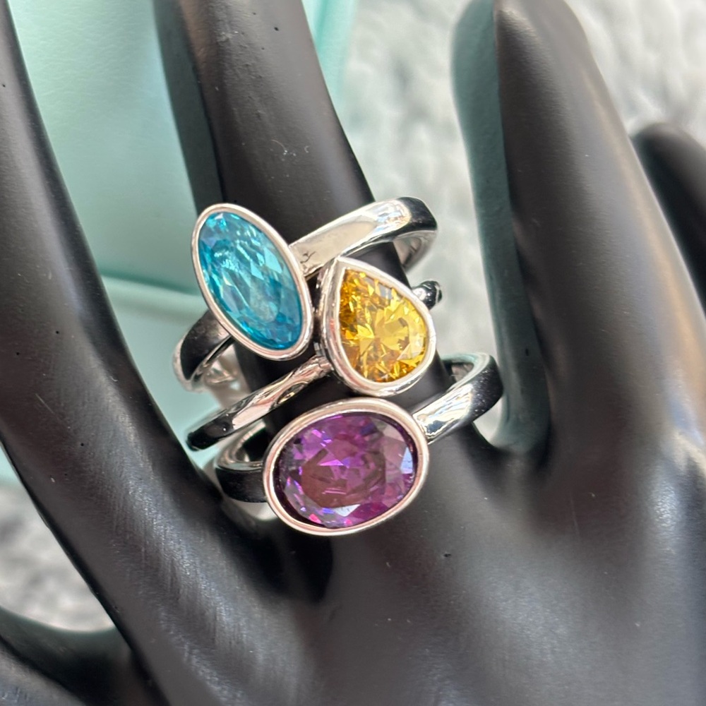 Multicolor CZ Silver Stack Ring Set size 7